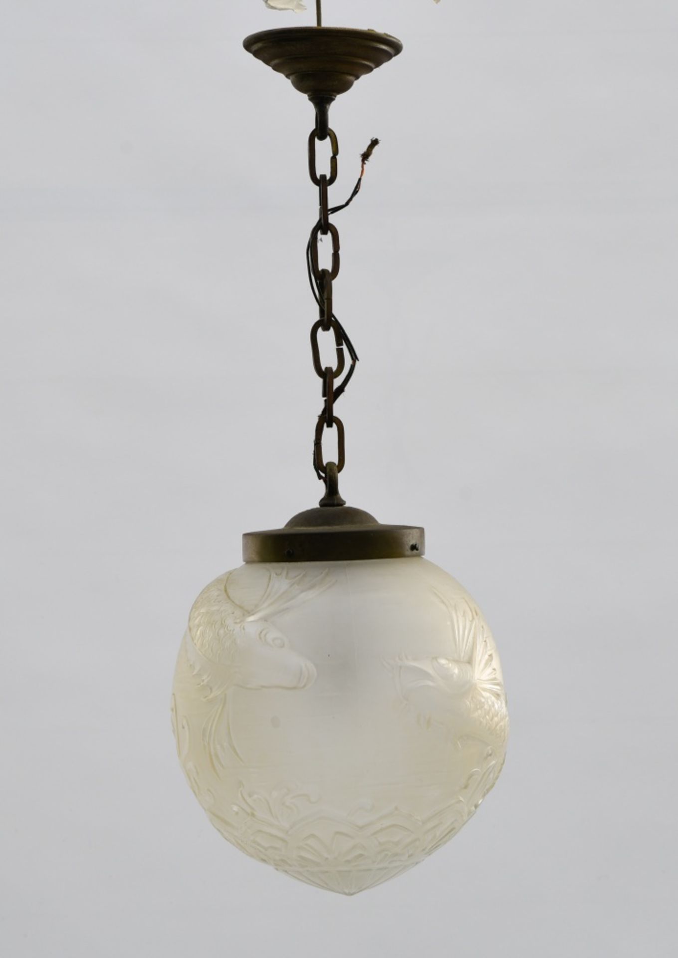 LORRAIN Carp hanging lamp, Moulded pressed glass, spherical. Signed. Height (cm) : 70 - -