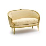 Louis XVI-style work Corbeille sofa, Weathered wood, recently upholstered with cream-colored fabric