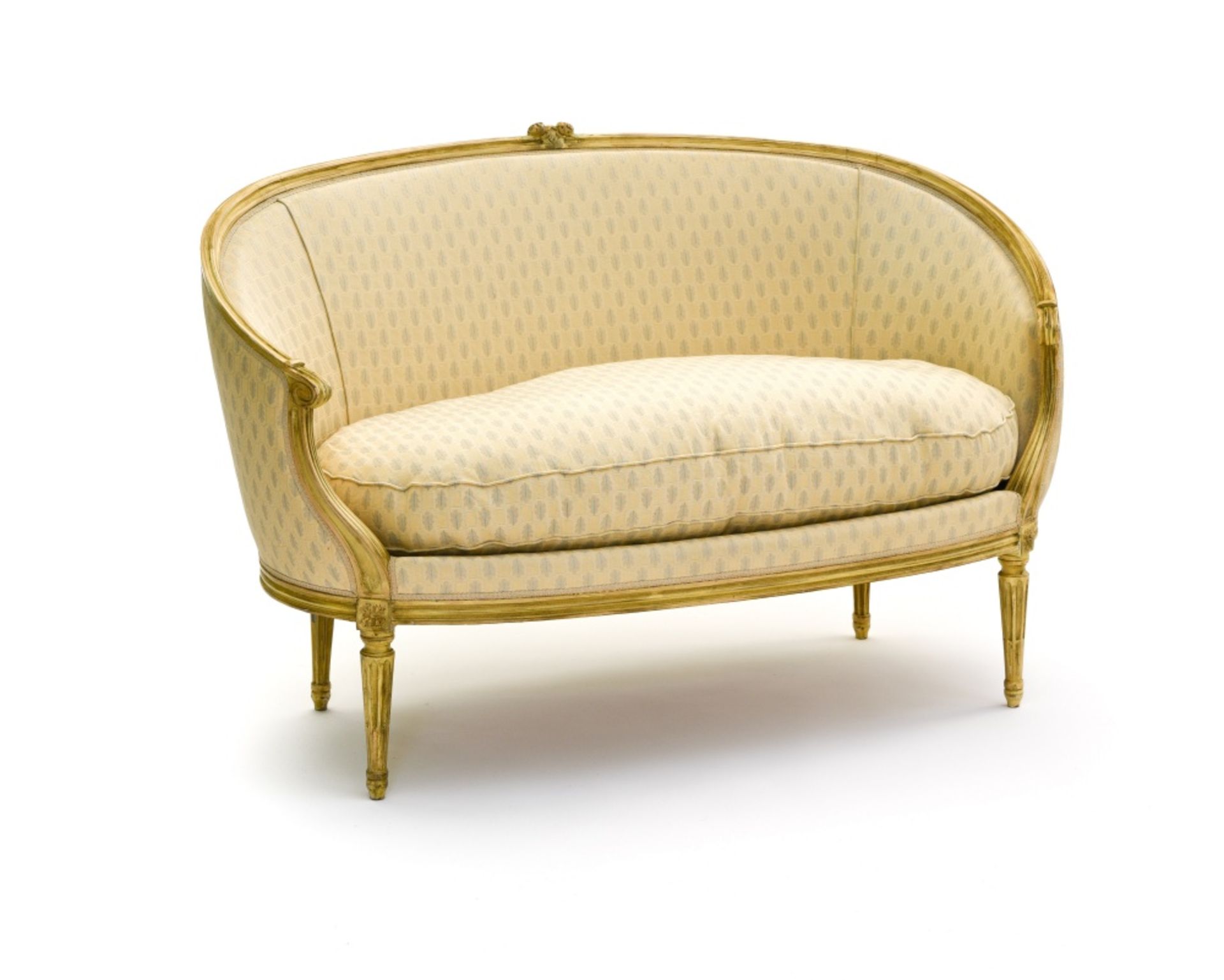 Louis XVI-style work Corbeille sofa, Weathered wood, recently upholstered with cream-colored fabric