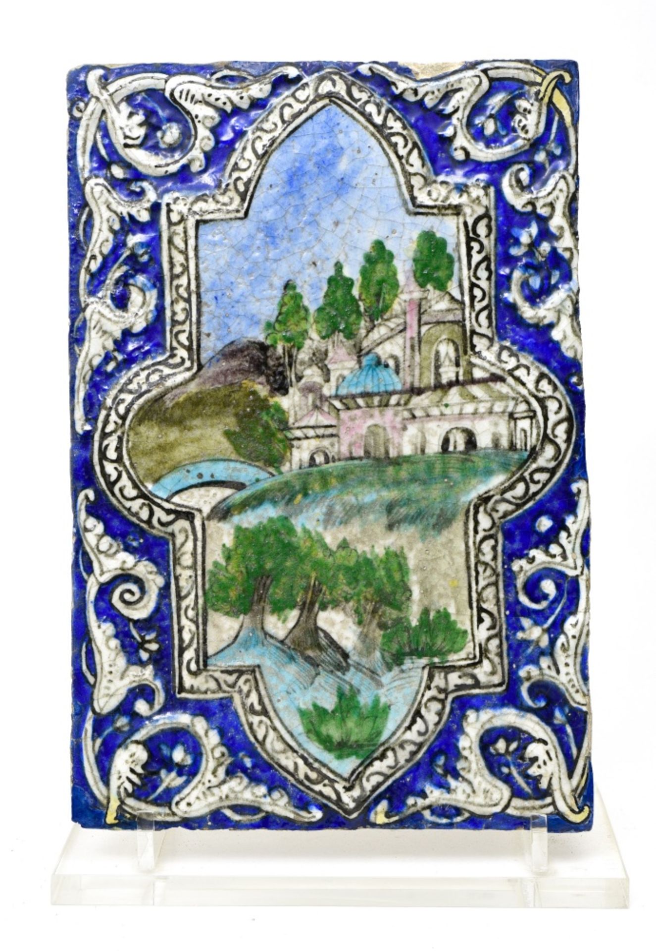 Persia, Qajar period Decorative plaque, Ceramic with siliceous glaze, decorated with a city