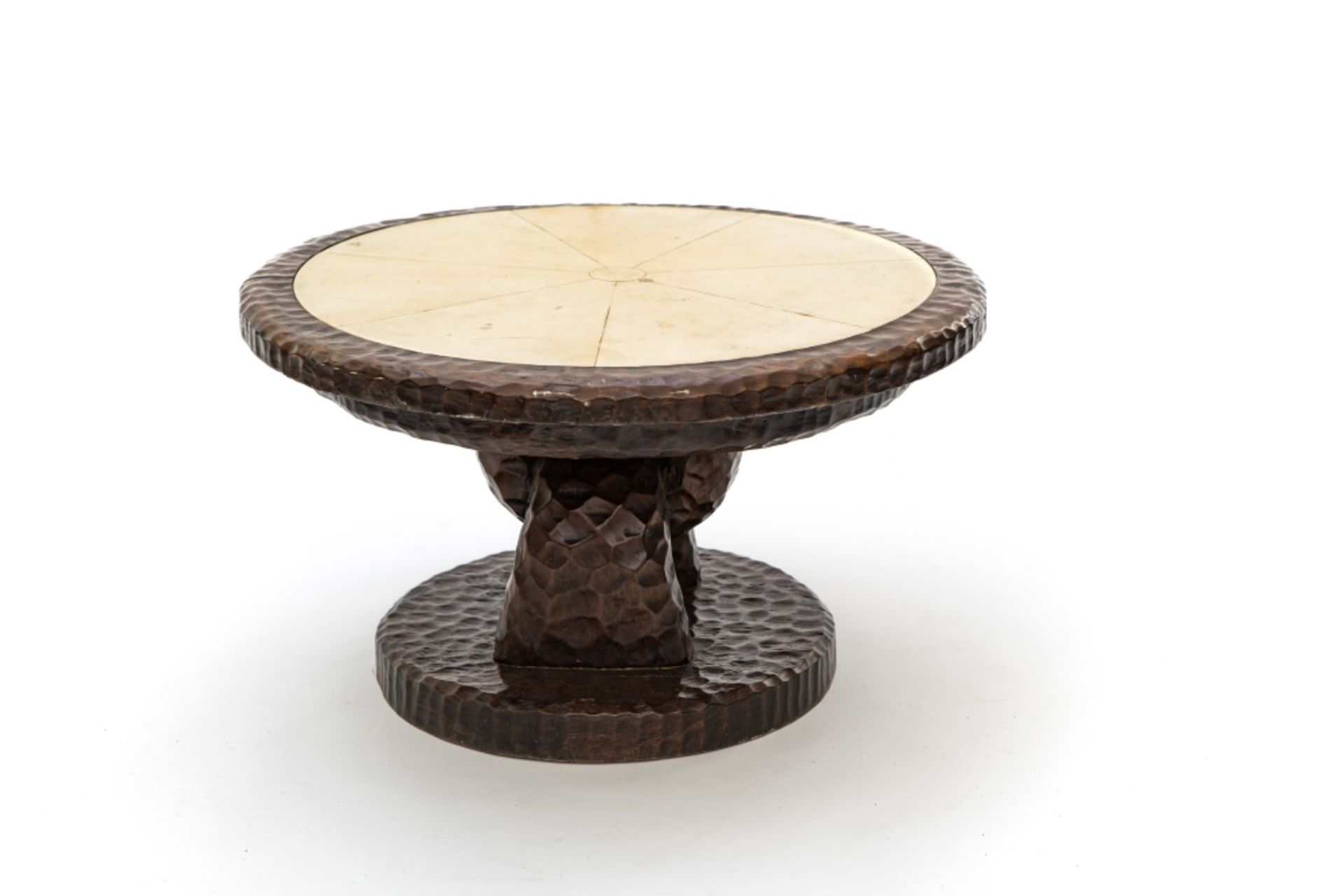 Art Deco style work Side table, Circular, made of chiselled oakwood, surface upholstered in