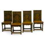 English work Set of eight Elizabethan style chairs, Carved oakwood with marquetry. Height (cm) :
