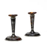 William COMYNS Pair of Edwardian candlesticks, PiquŽ tortoiseshell encircled with silver,