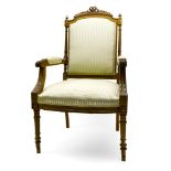 Louis XVI-style work Pair of armchairs ˆ la reine, Natural wood and sea-green striped fabric (