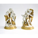 CAPODIMONTE Two allegories of love, Pair of white and gold porcelain groups. Marks under the