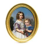 19th century school Portrait of two young girls, 1861, Oil on canvas, signed and dated at lower