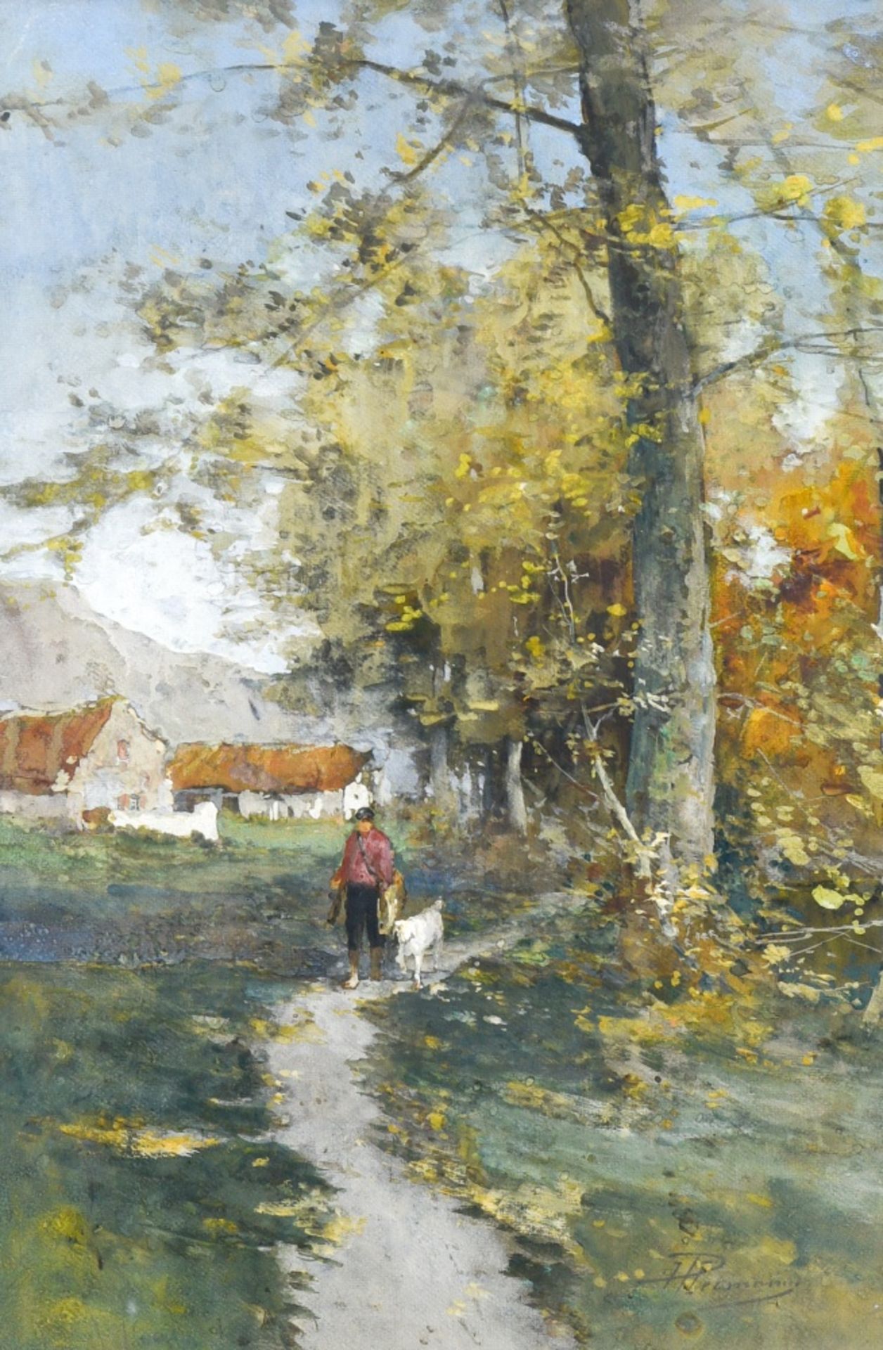Paul HERMANN (1879-1969) Hunter and his dog, Watercolour on paper, signed at lower right Framed