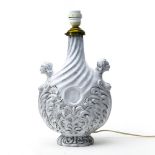 Probably Italian 1960's work Vase converted to a lamp, White-enamelled ceramic, with haut relief