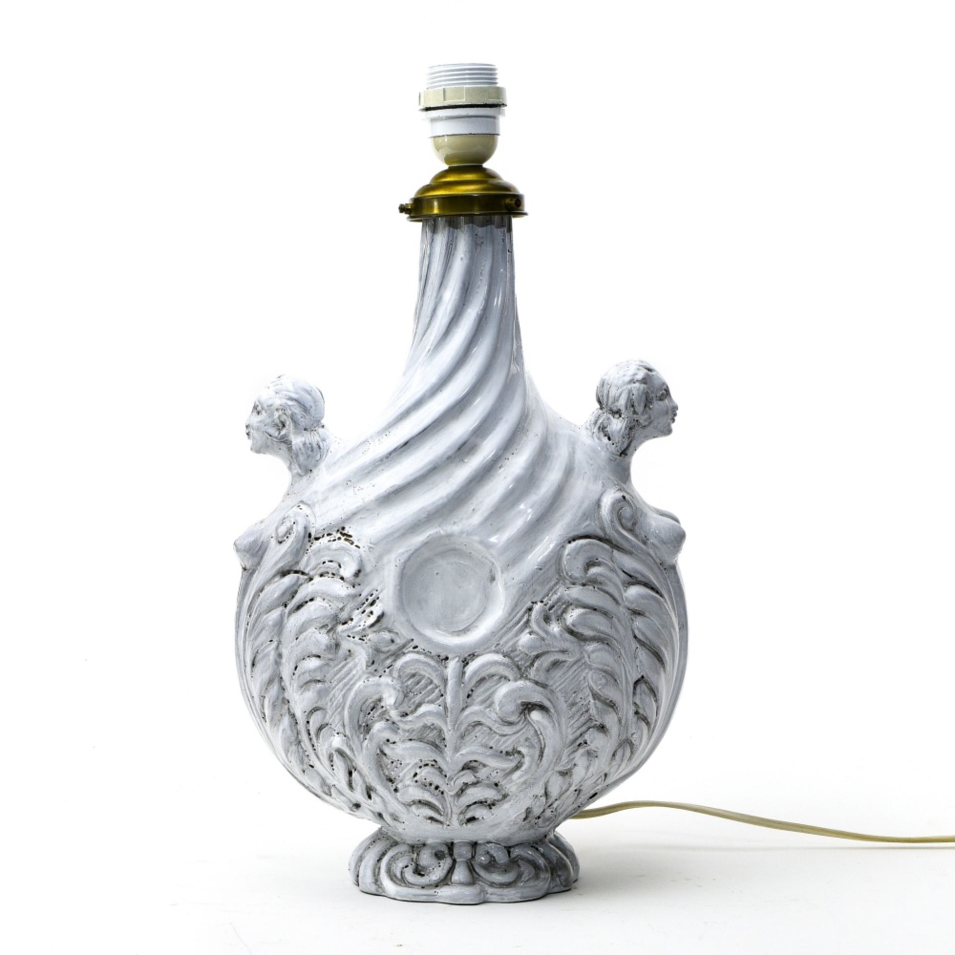 Probably Italian 1960's work Vase converted to a lamp, White-enamelled ceramic, with haut relief