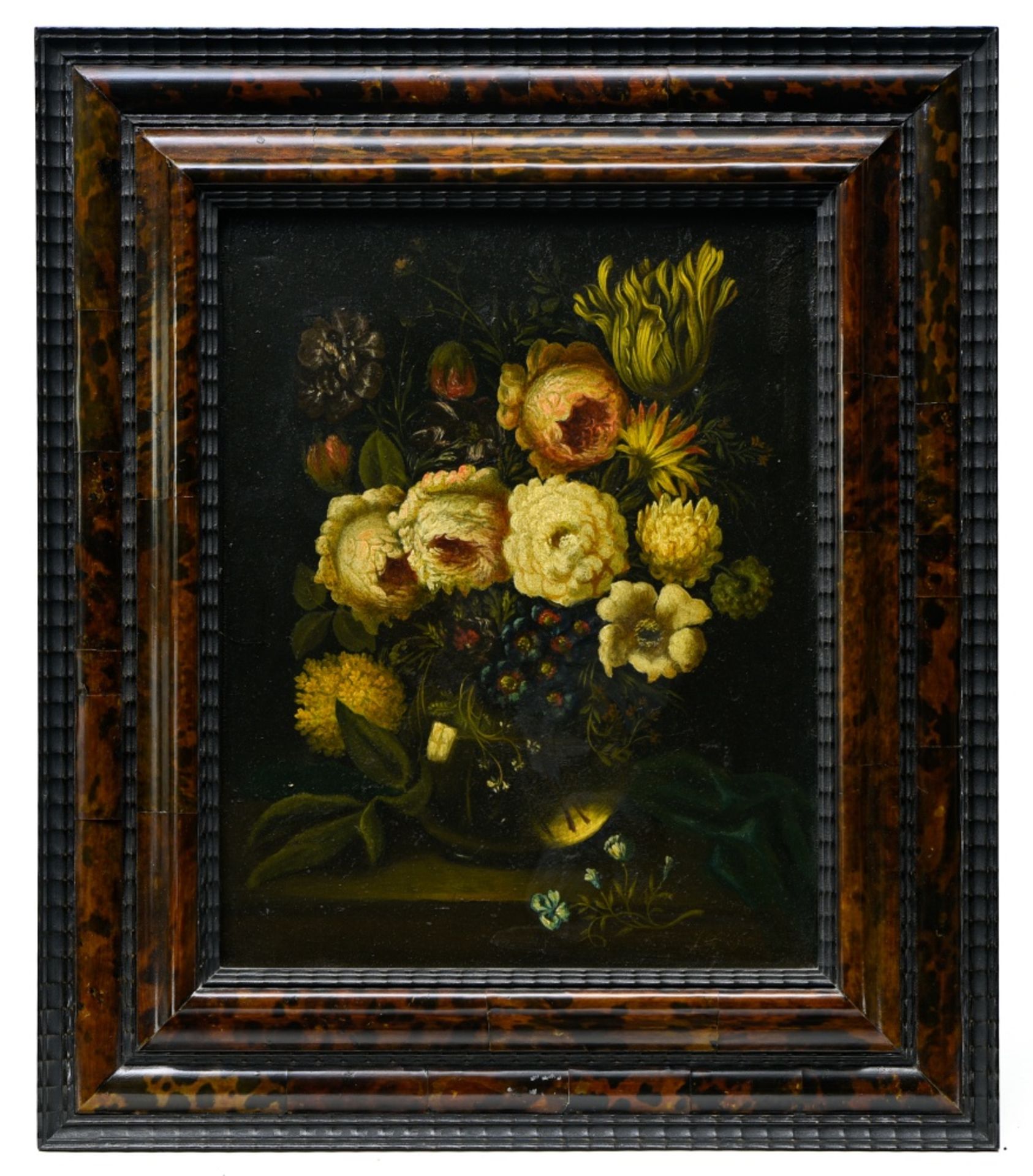 19th century school Still life of a bouquet, Oil on copper, monogrammed 'JB' at lower right. Carved - Image 2 of 4