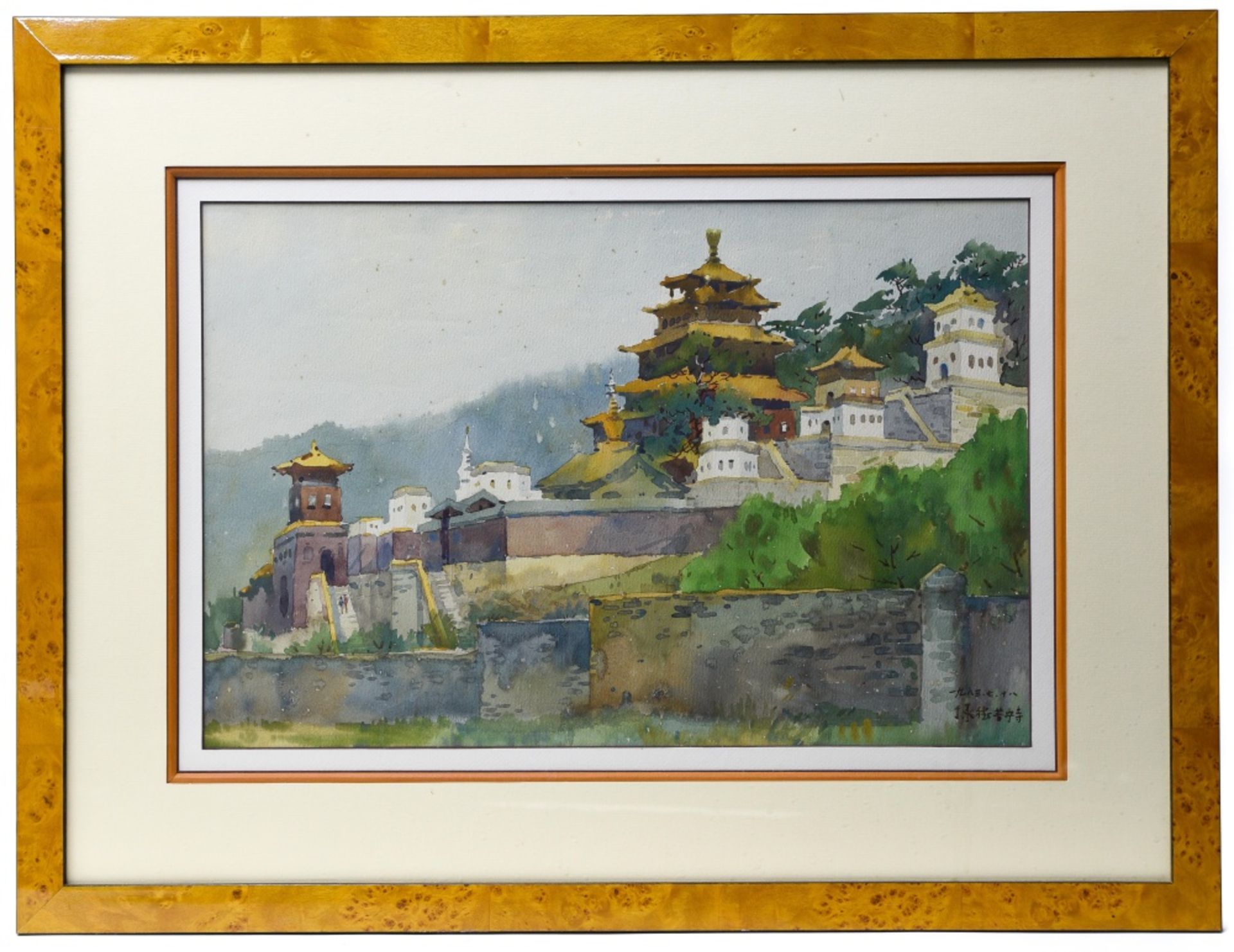 China, 20th century Temple view, Gouache on paper, signed at lower right. Framed and under glass.