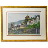 China, 20th century Temple view, Gouache on paper, signed at lower right. Framed and under glass.