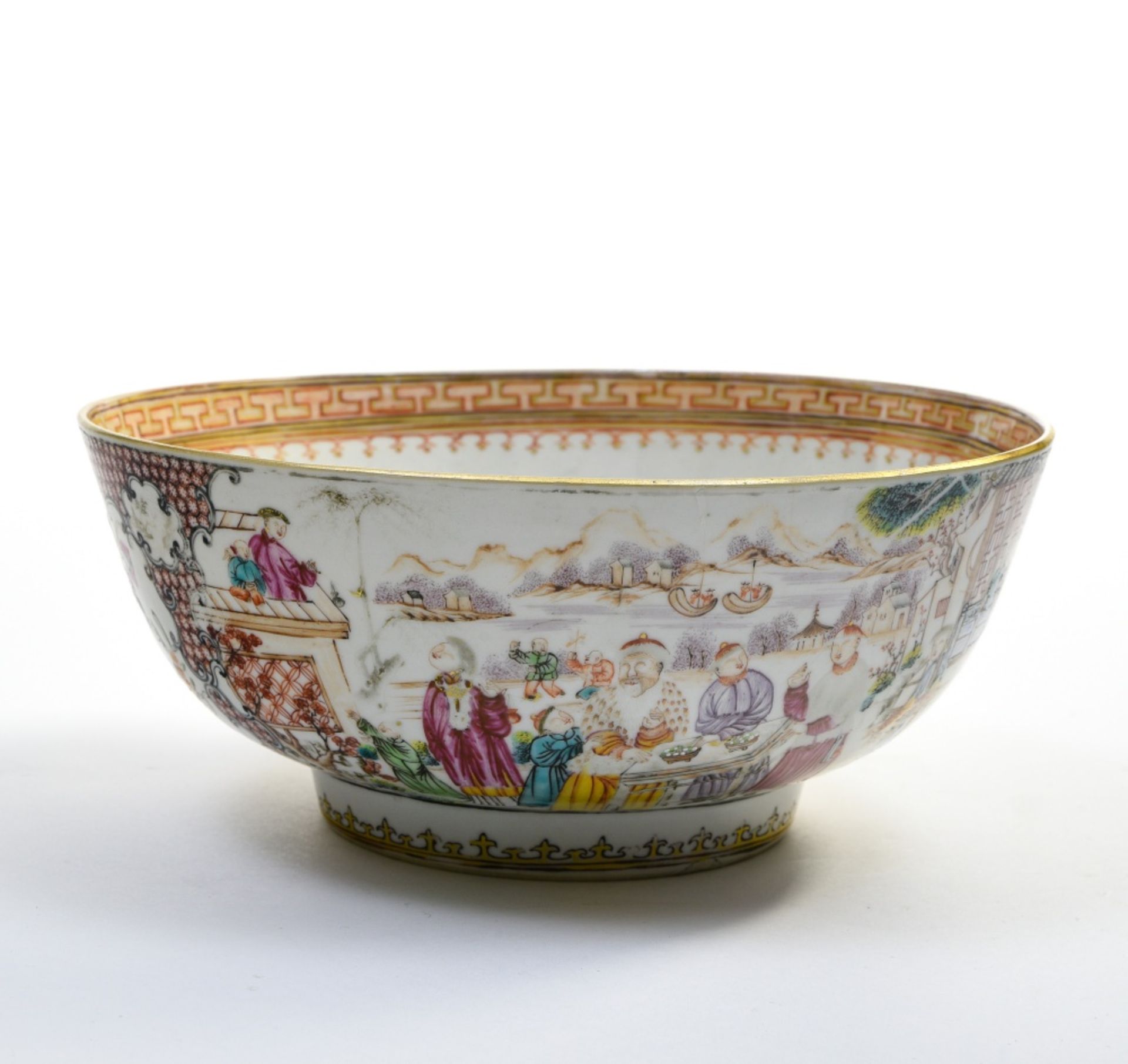 China, 18th century Large flared bowl, Porcelain, with Famille Rose enamelled dŽcor of a banquet, - Image 2 of 7