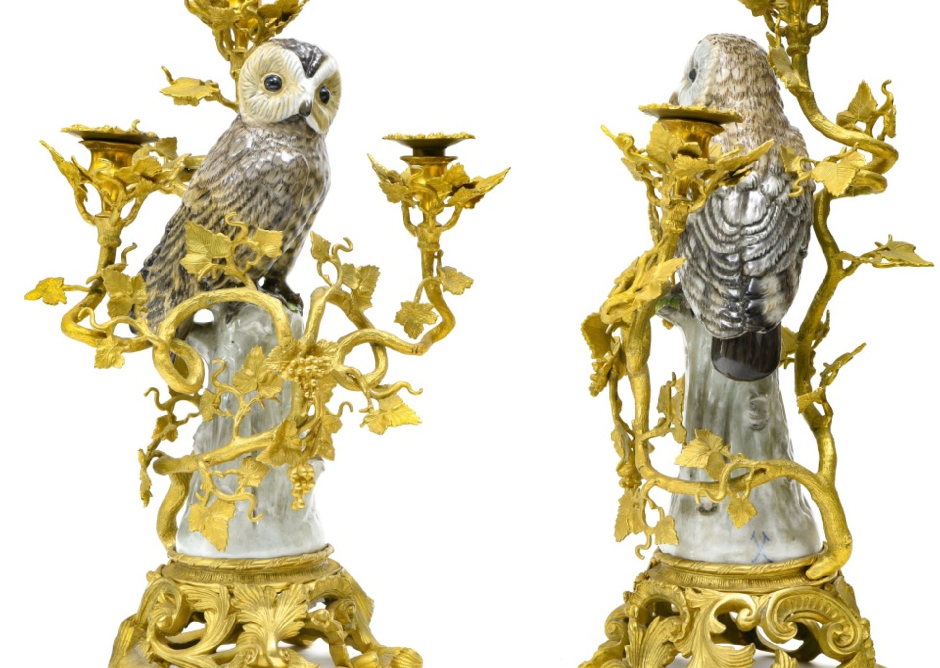 Germany Large pair of owl candelabras, Porcelain, very finely carved gilt bronze fittings decorated - Image 2 of 2