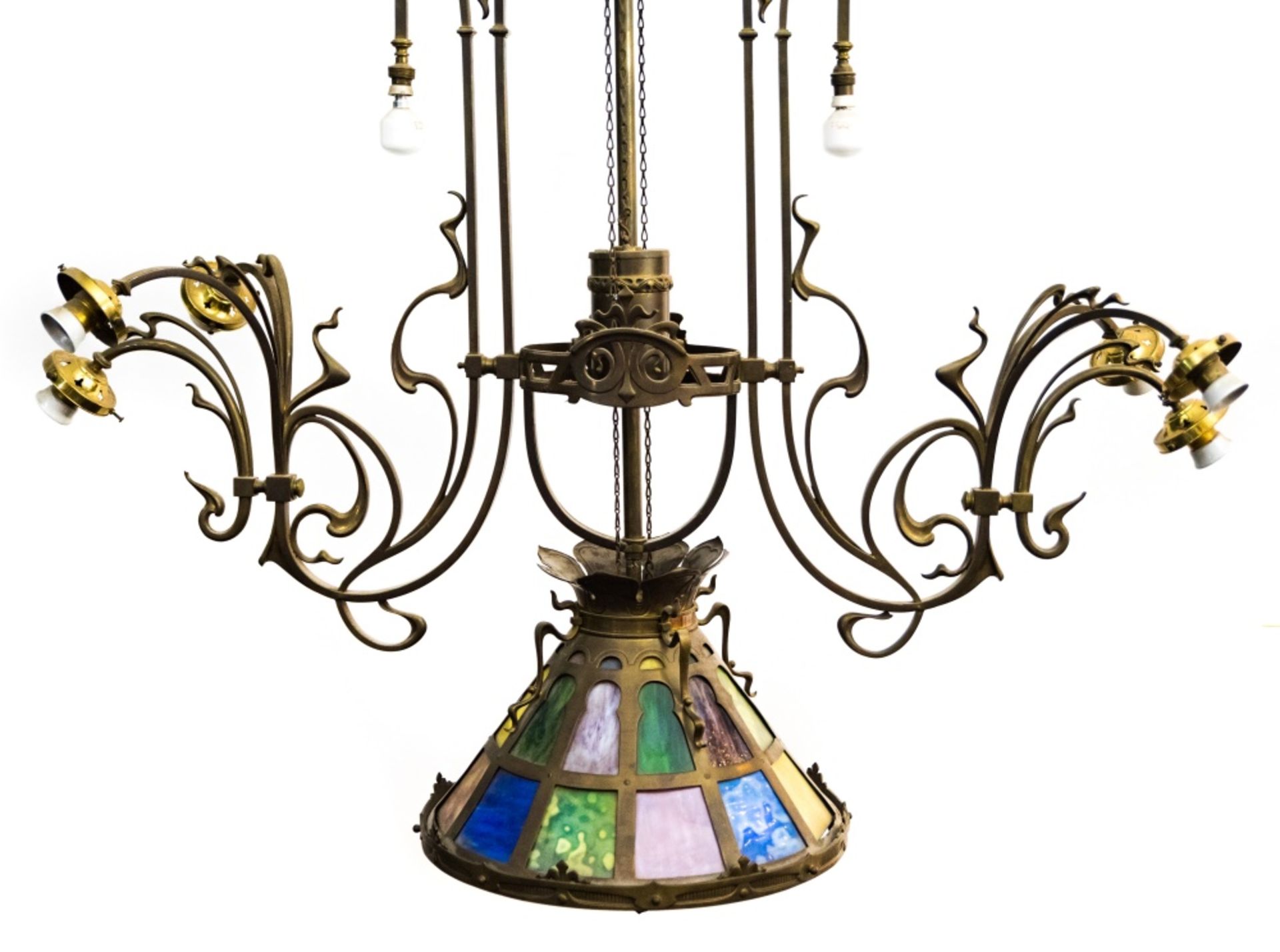 Belgian Art Nouveau work Large chandelier, Weathered bronze and polychrome American glass, eleven - Image 2 of 3