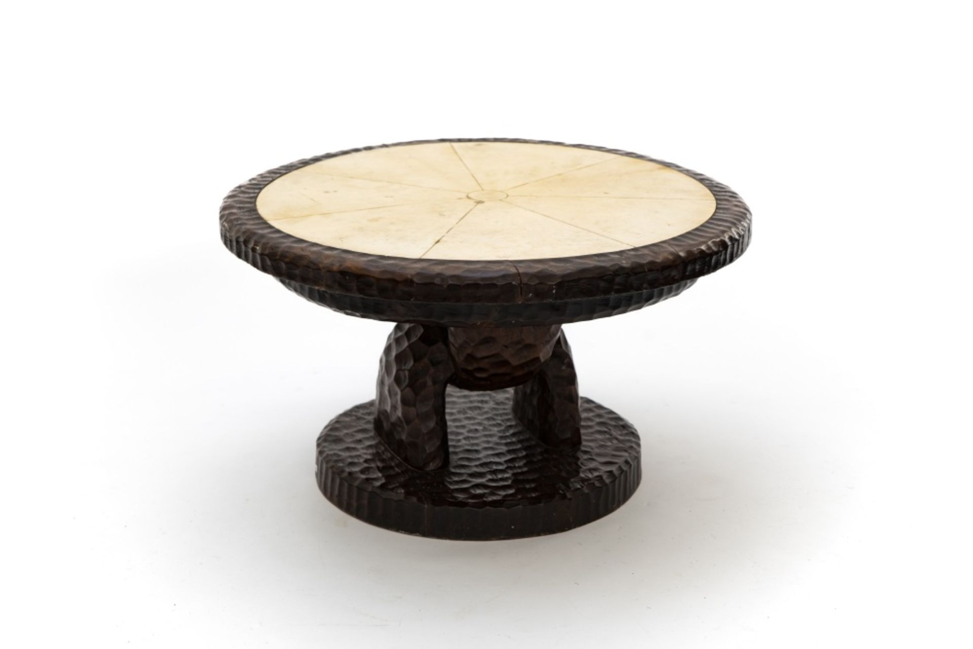 Art Deco style work Side table, Circular, made of chiselled oakwood, surface upholstered in - Image 2 of 3