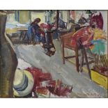 Marguerite ANTOINE (1907-1988) The sewing workshop, Oil on isorel, signed at lower right. Framed