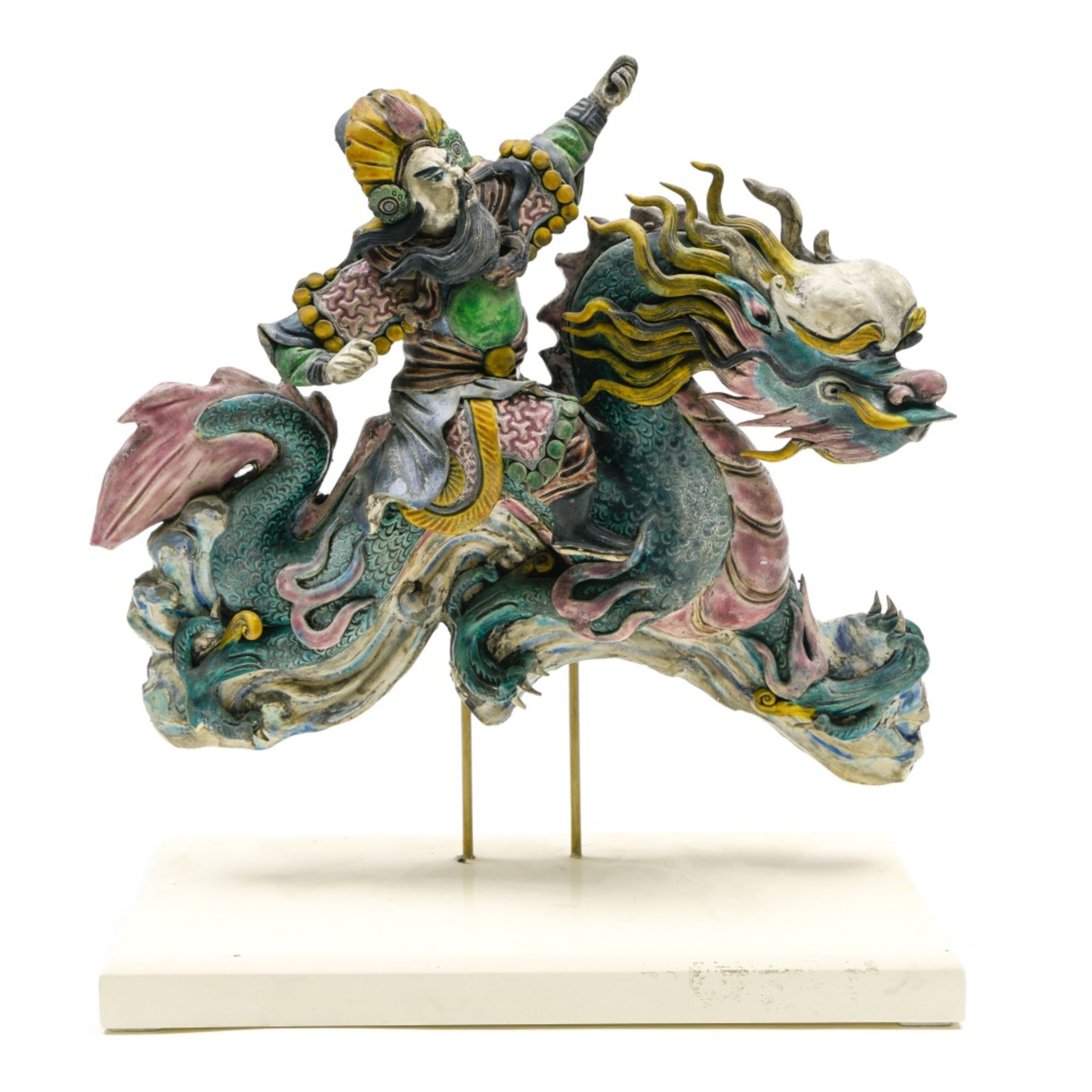 China, 20th century Immortal riding a dragon in the clouds, Polychrome majolica. On a stand. Height - Image 2 of 2