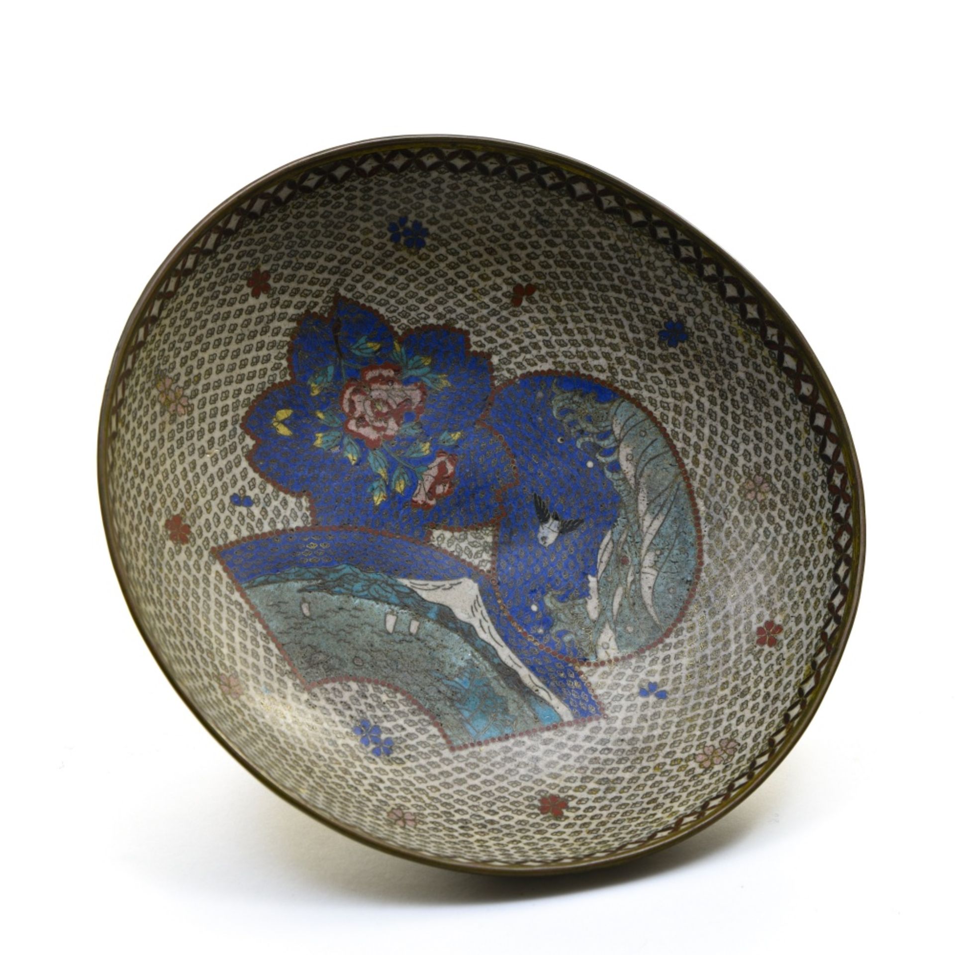 Japan, Meiji era CloisonnŽ enamel plates, Decorated with birds, peonies, Mount Fuji, and junks in - Image 2 of 2