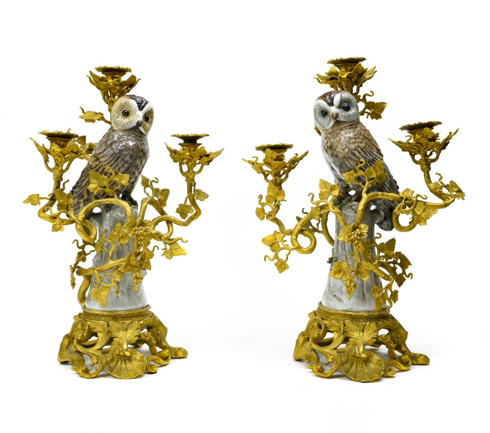 Germany Large pair of owl candelabras, Porcelain, very finely carved gilt bronze fittings decorated