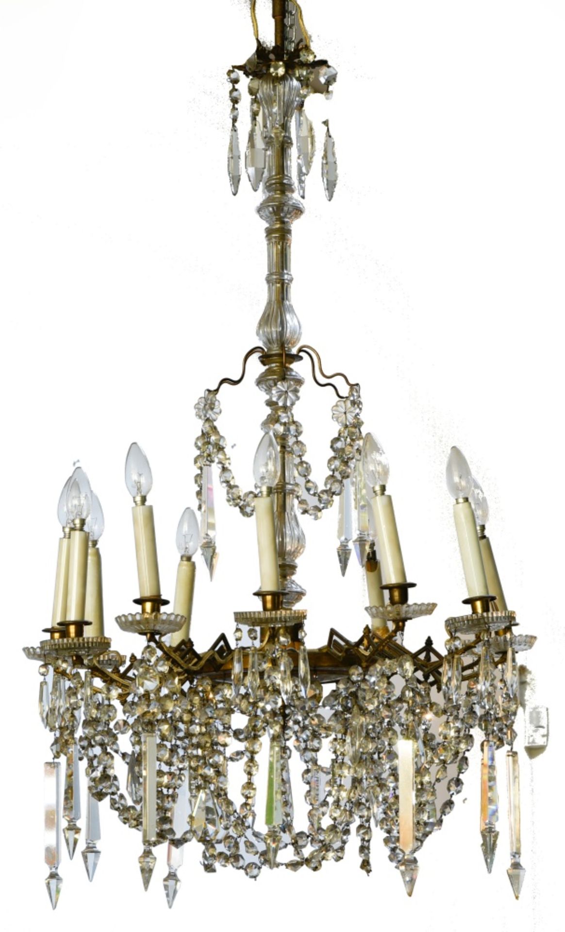 Napoleon III era work Large 12-branched chandelier, Bronze, brass, and glass, with crystal drops