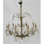 20th century work Chandelier with glass teardrops, Bronze with eight arms and twelve lights, glass