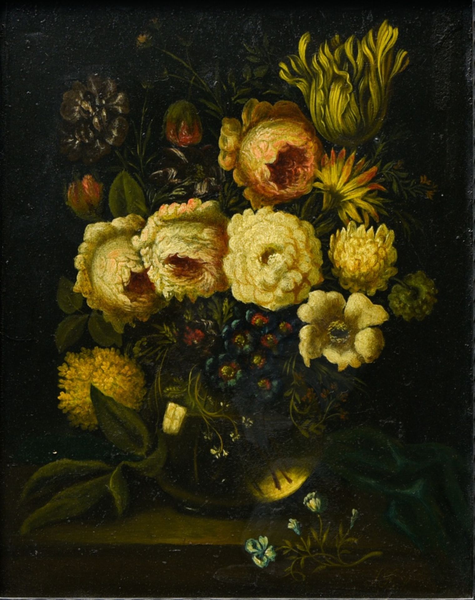 19th century school Still life of a bouquet, Oil on copper, monogrammed 'JB' at lower right. Carved