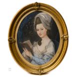 Late 18th century school Portrait of a woman with a quill pen, Oval pastel. Some mildew and