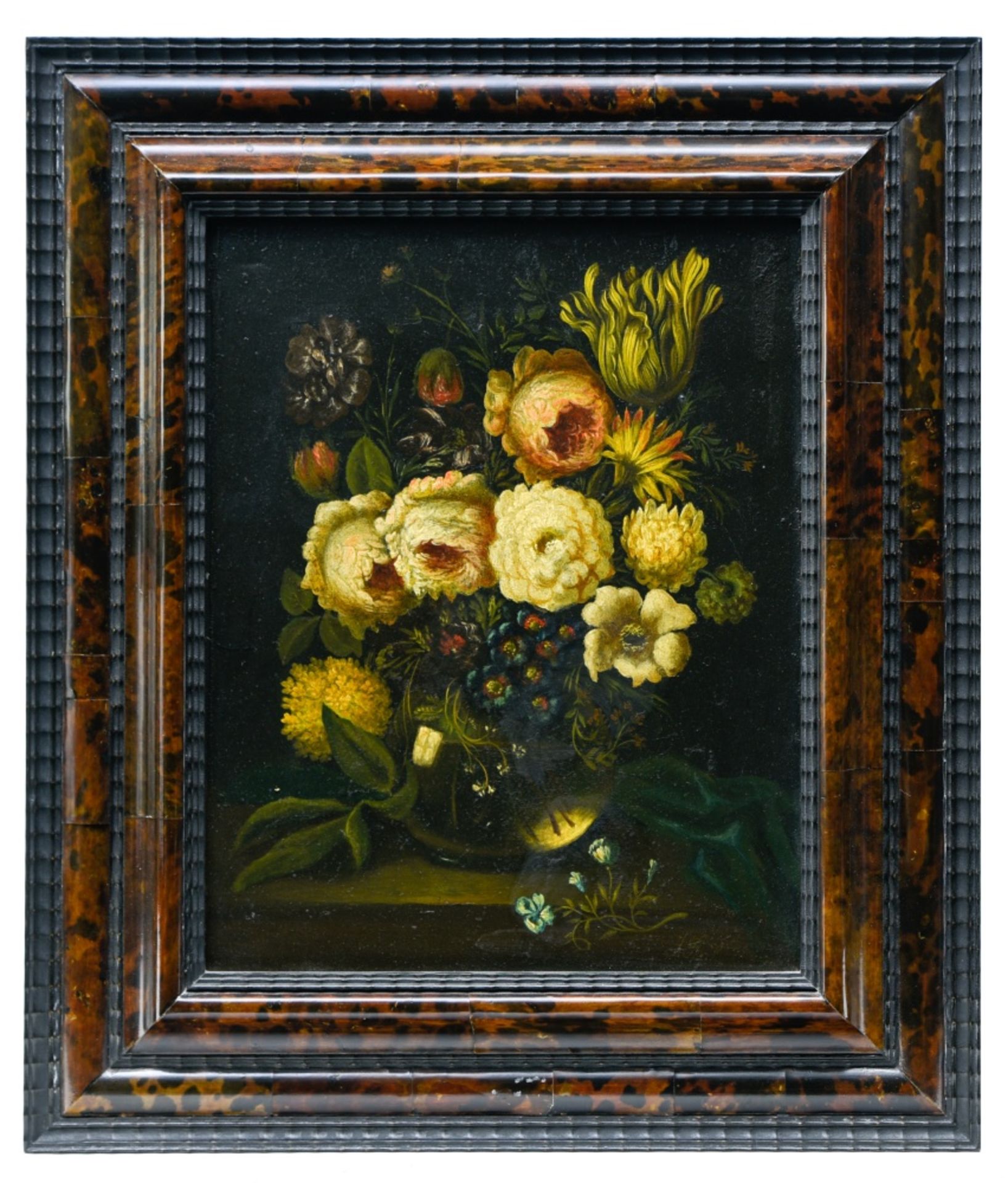 19th century school Still life of a bouquet, Oil on copper, monogrammed 'JB' at lower right. Carved - Image 4 of 4