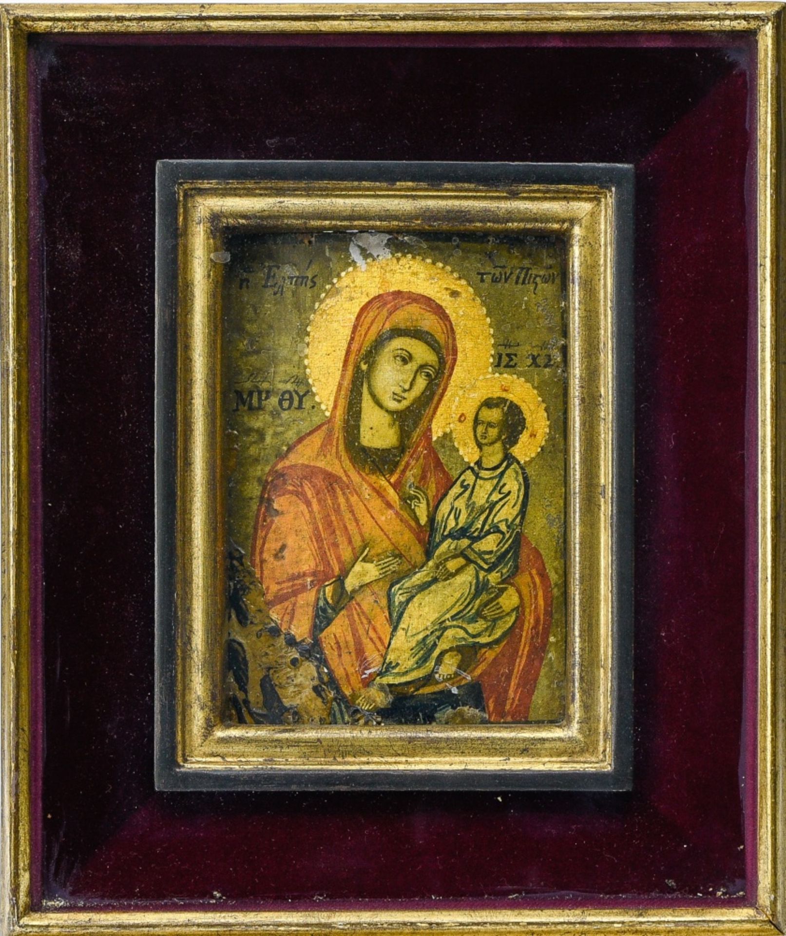 Greek school Icon of the Virgin Hodegetria, Tempera on panel. Large piece missing at lower left. - Image 2 of 3