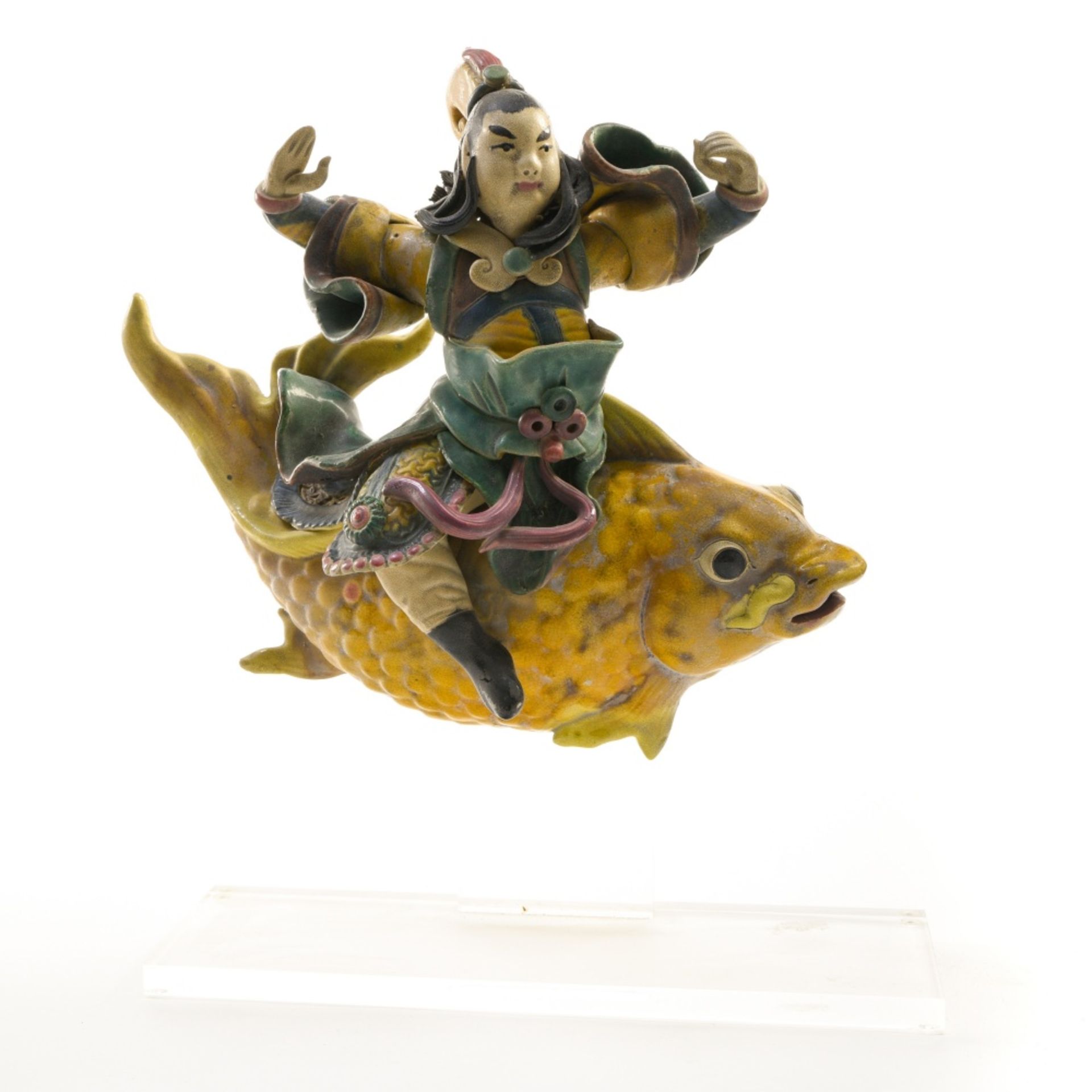 China, 20th century Immortal riding a fish, Polychrome majolica. On a stand. Height (cm) : 26 - - Image 2 of 2