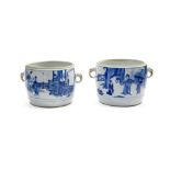 China, late 19th century Pair of ginger pots, Blue and white porcelain decorated with court scenes,