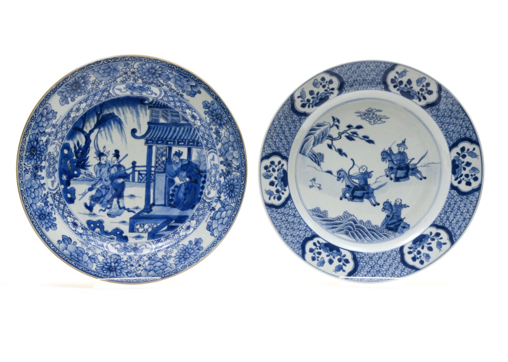 China, 18th-19th century Two soup plates, Blue and white porcelain, one has a conch mark under the