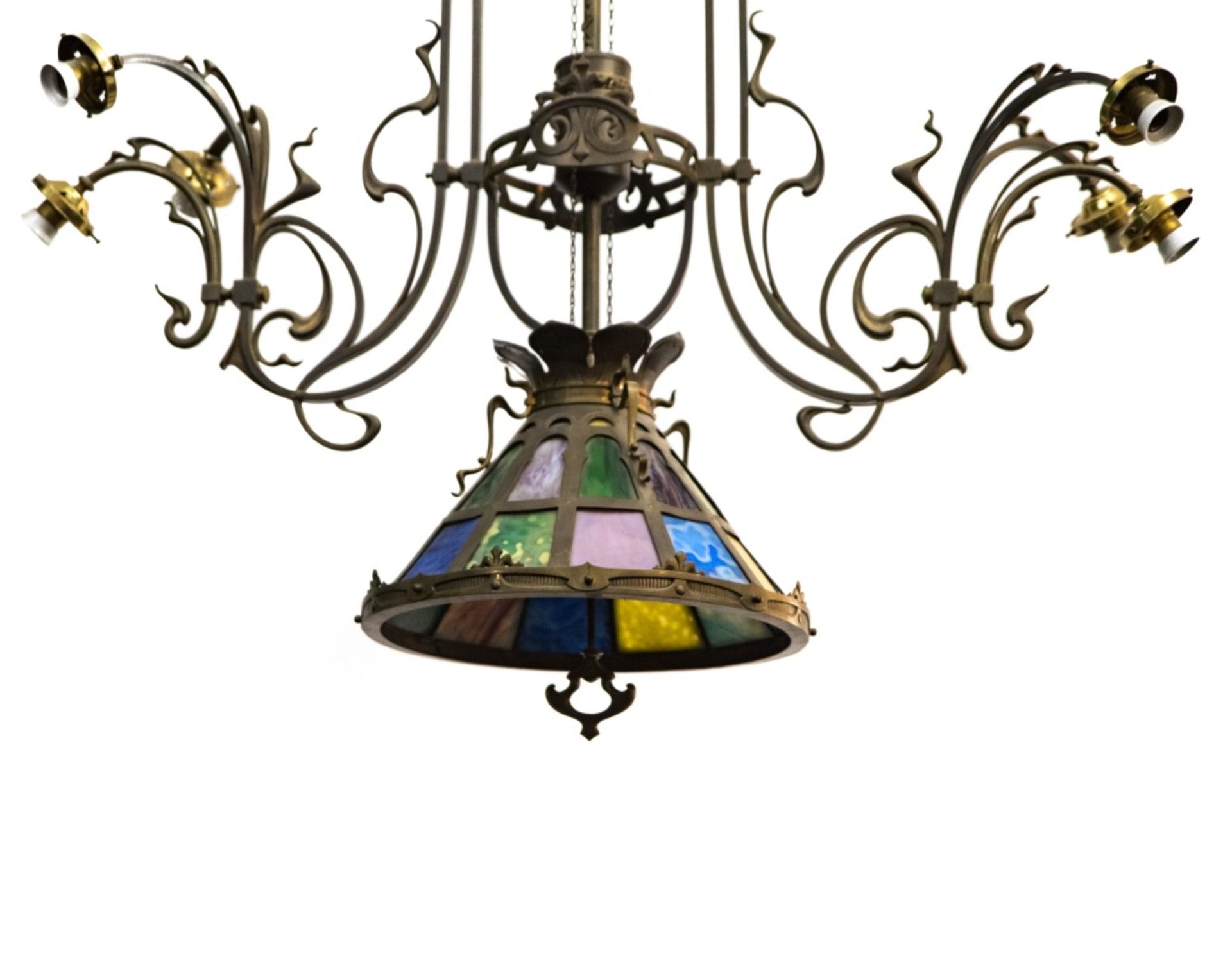 Belgian Art Nouveau work Large chandelier, Weathered bronze and polychrome American glass, eleven - Image 3 of 3