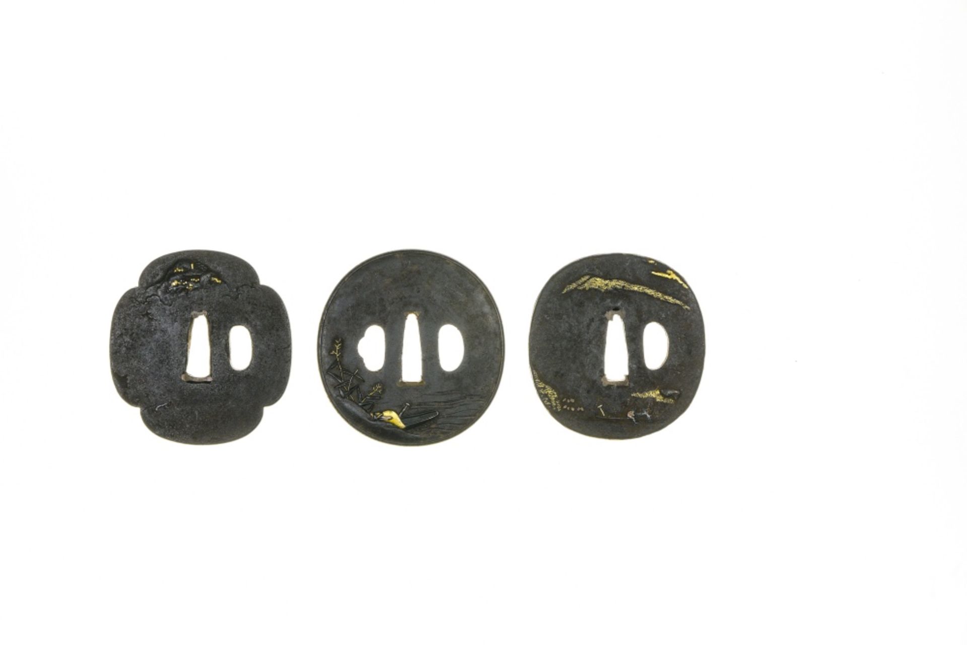 Japan, Edo Three tsubas, Iron, gilded in some spots, depicting a couple, ducks, and a lake and - Image 2 of 2