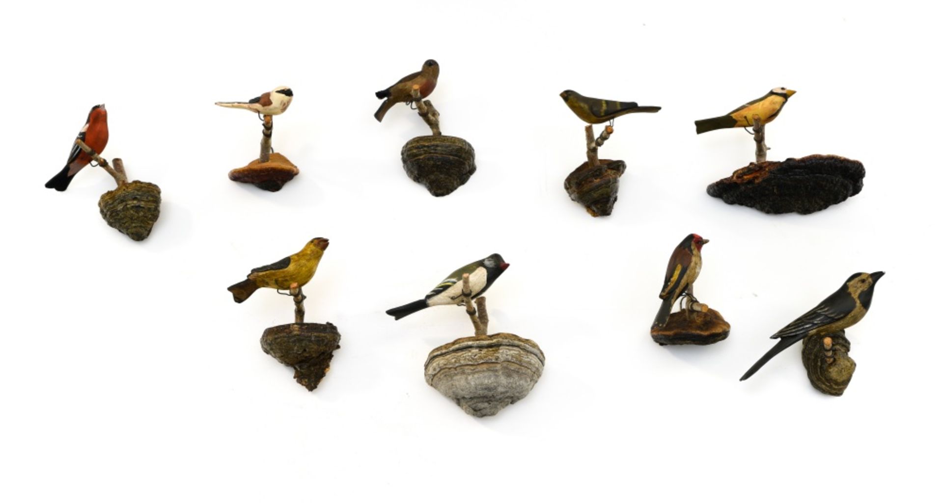 Collection of 9 birds, Painted wood sculptures on natural branches. - - -