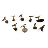 Collection of 9 birds, Painted wood sculptures on natural branches. - - -