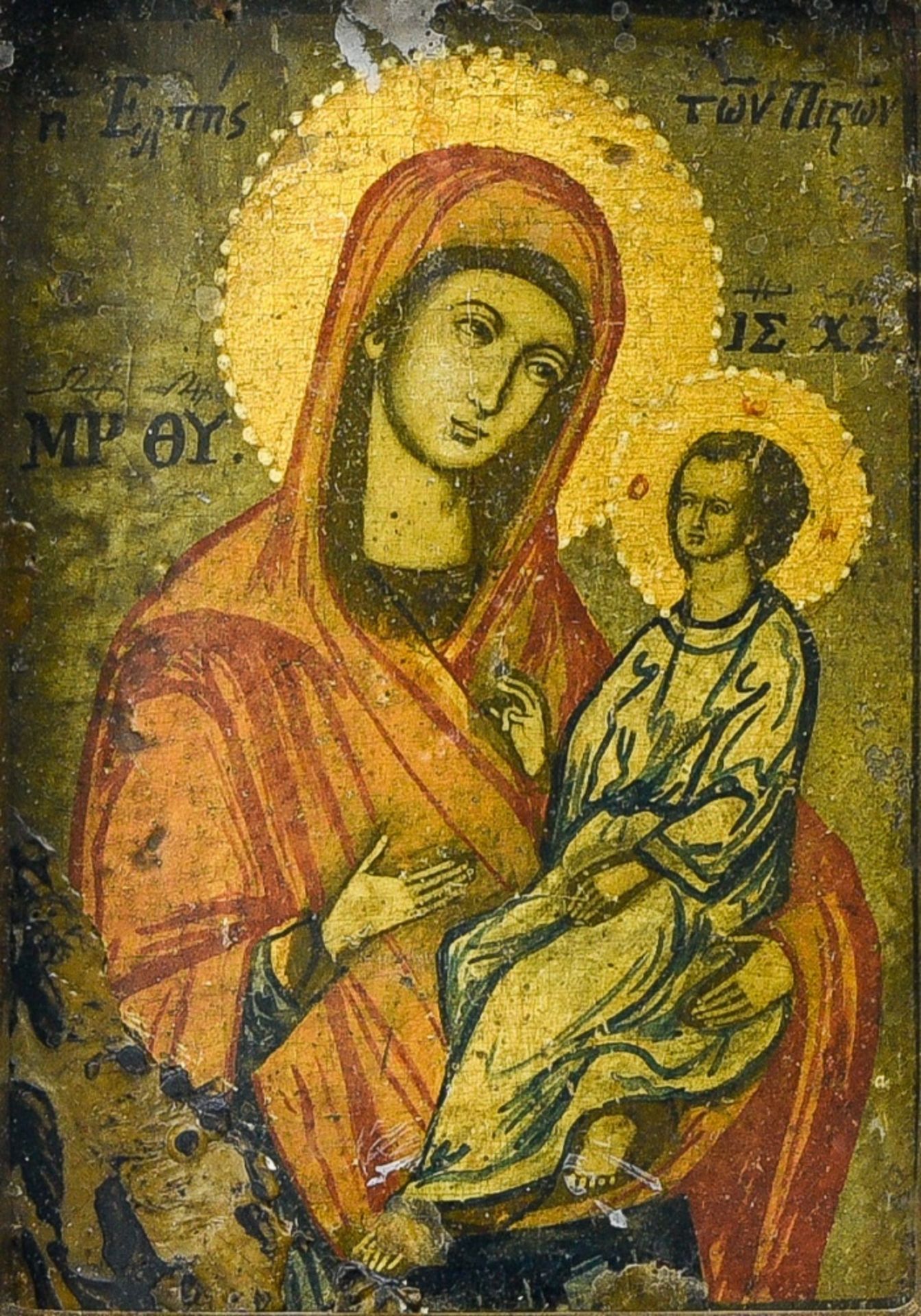 Greek school Icon of the Virgin Hodegetria, Tempera on panel. Large piece missing at lower left.