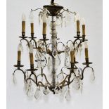 20th century work Chandelier with glass teardrops, Bronze, with twelve lights. Height (cm) : 80 - -