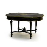 Napoleon III era work Coffee table, Blackened wood inlaid with brass featuring musical instruments