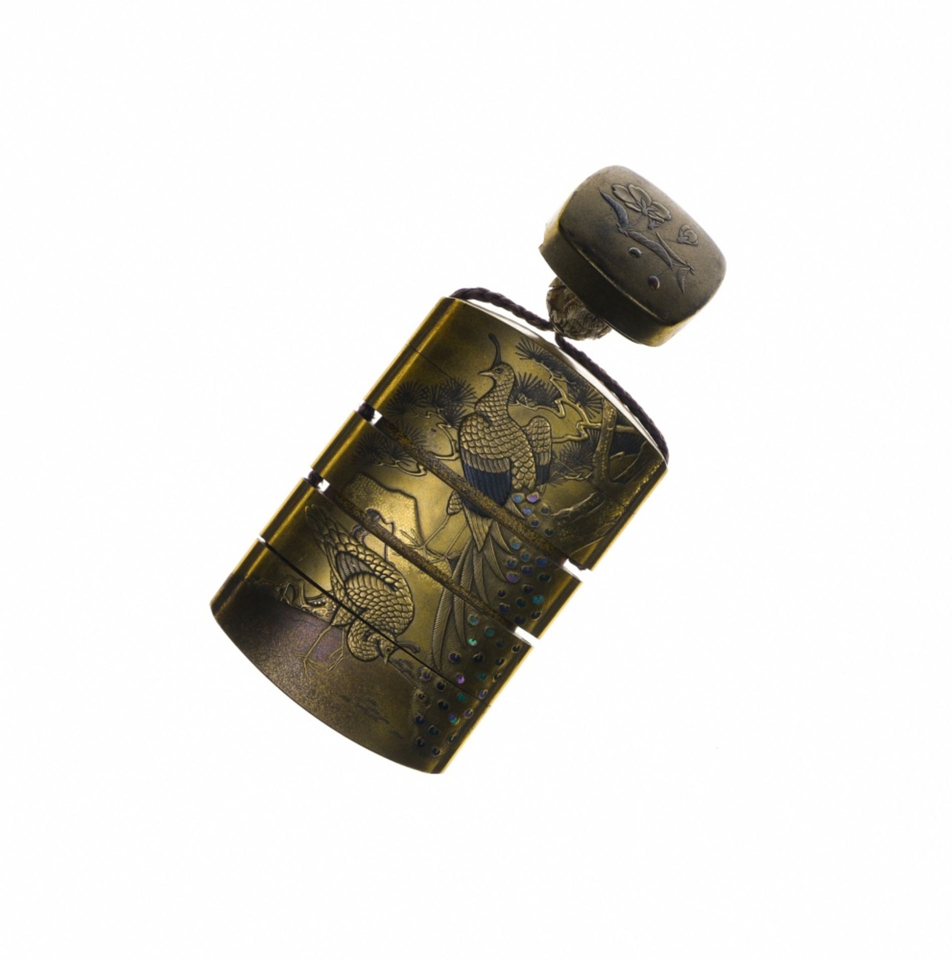 Japan, 19th century Inro and netsuke, Lacquered giltwood decorated with a waterfall and a couple of