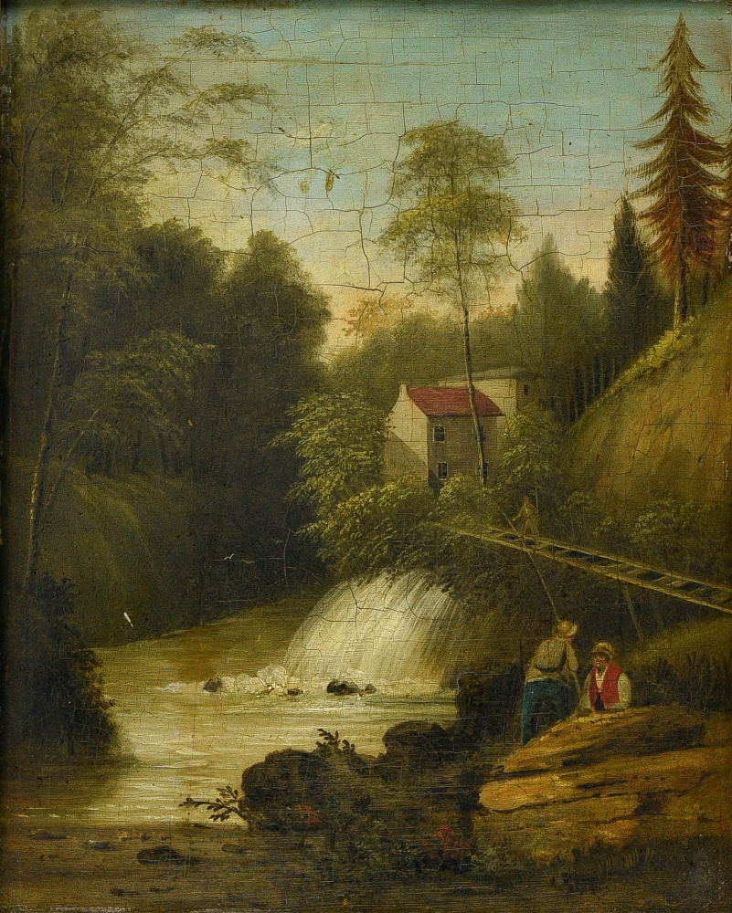 19th century school Swiss landscape with fishermen, Oil on panel. Framed Height (cm) : 33,5 - Width