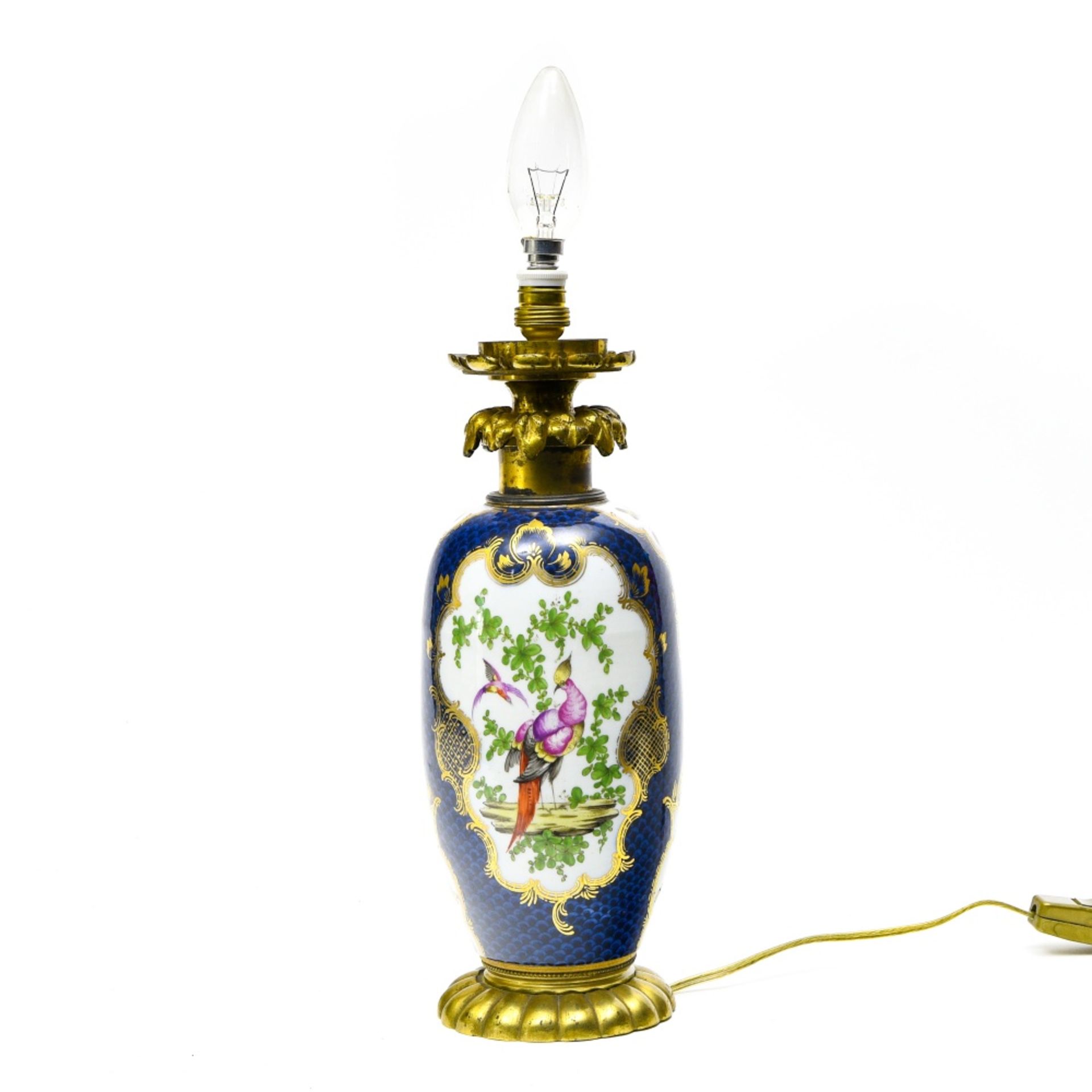 Svres-style French work Vase with birds, butterflies and ladybugs, Porcelain, converted to a lamp