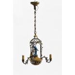 Late 19th century work Parrot chandelier, Gilt metal and porcelain. Height (cm) : 90 - - Diameter (