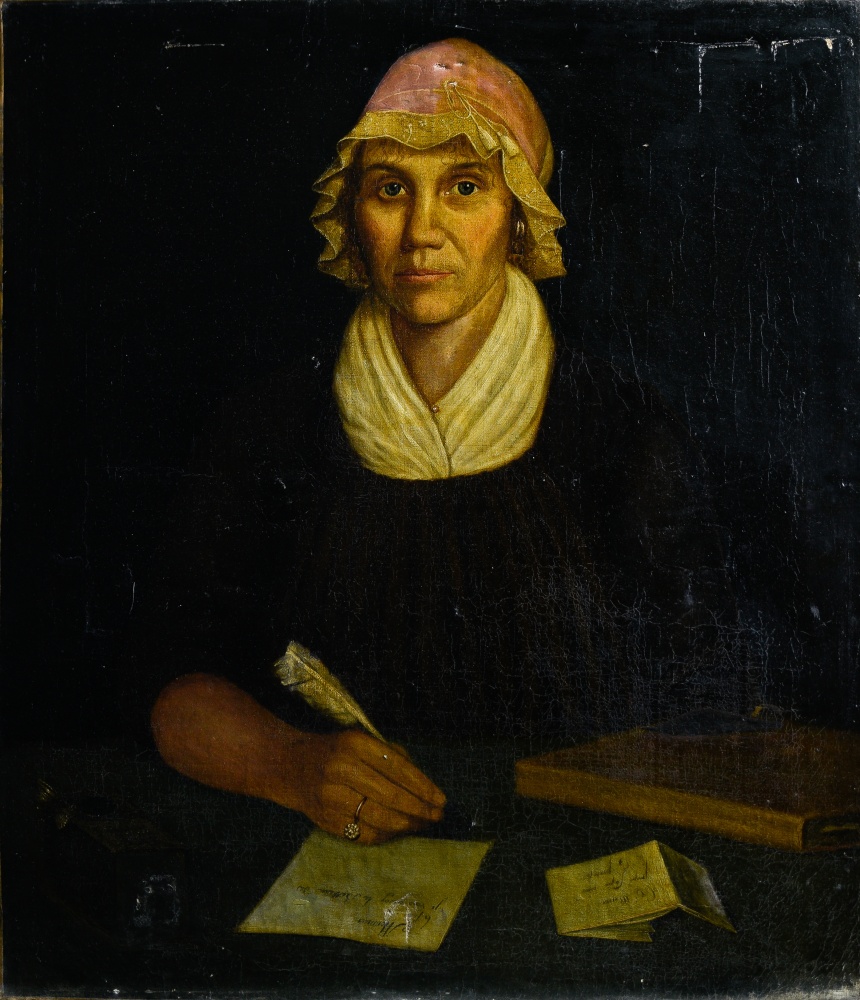 18th century school Portrait of a woman with a quill pen, Oil on canvas (re-stretched) (accidents)