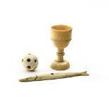 19th century work Lot of three objects, Antique ivory, composed of a egg cup, a fish (likely a