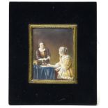 18th century school The letter, Miniature on ivory depicting a woman in an ermine coat and her
