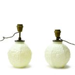 Art Deco work Pair of boule vases, Opaline glass, converted to lamps. Signed 'CLA made in France.'