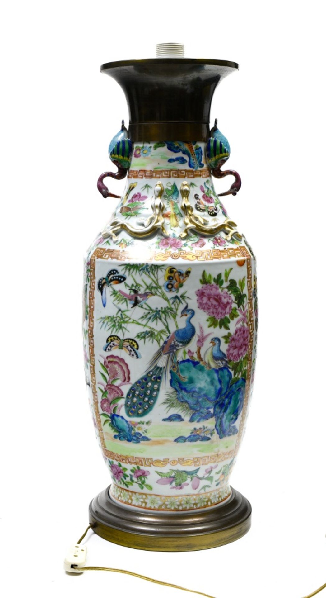 China, 19th century Large Famille Rose vase converted to lamp, Famille Rose porcelain, decorated - Image 3 of 4