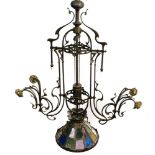 Belgian Art Nouveau work Large chandelier, Weathered bronze and polychrome American glass, eleven